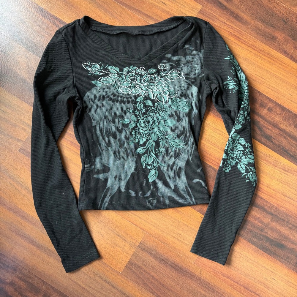 Black Ribbed Rhinestone Fairycore Gothic‎ Graphic V Neck Long Sleeve Top XS